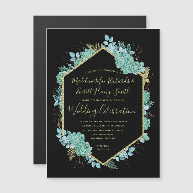 Succulents Gold Frame Magnetic Wedding Invitation (Front/Back)