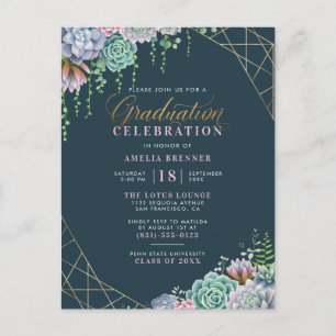 Succulents & Gold Glitter Script Graduation Party Invitation Postcard