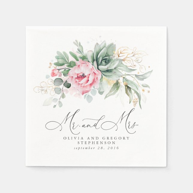 Succulents Gold Greenery and Pink Flowers Wedding Napkin (Front)