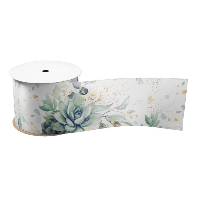 Succulents Gold Leaves Greenery Elegant Botanical Satin Ribbon (Spool)