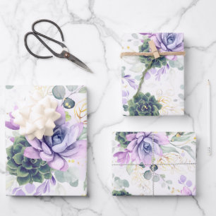Succulents Greenery and Gold Eucalyptus Leaves Wrapping Paper Sheet