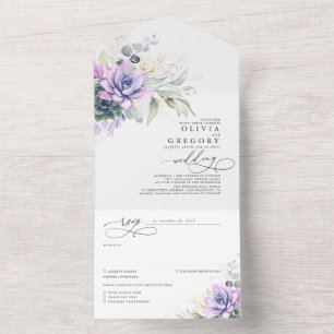 Succulents Greenery and Gold Leaves Wedding All In One Invitation