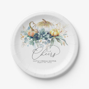 Succulents Greenery and Gold Pumpkins Fall Cheers Paper Plate