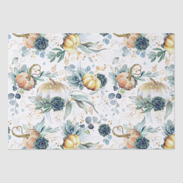 Succulents Greenery and Gold Pumpkins Fall Party Tissue Paper (Front)
