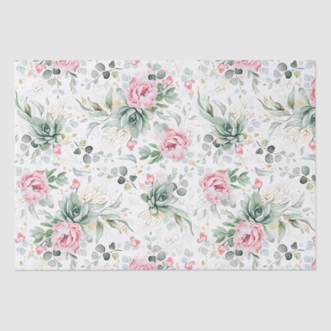 Succulents Greenery and Pink Flowers Botanical Tissue Paper (Front)