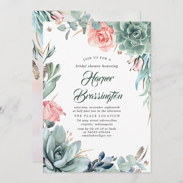 Succulents Greenery and Pink Rose Bridal Shower Invitation (Front/Back)