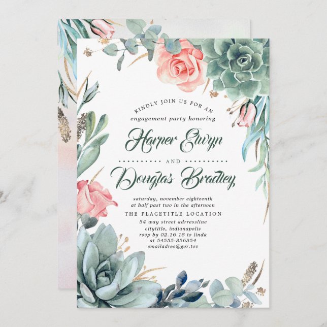 Succulents Greenery and Pink Rose Engagement Party Invitation (Front/Back)