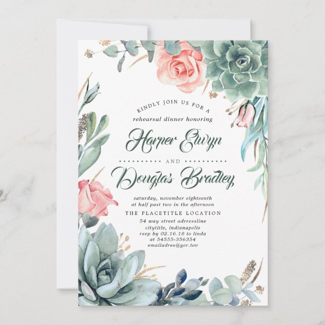 Succulents Greenery and Pink Rose Rehearsal Dinner Invitation (Front)