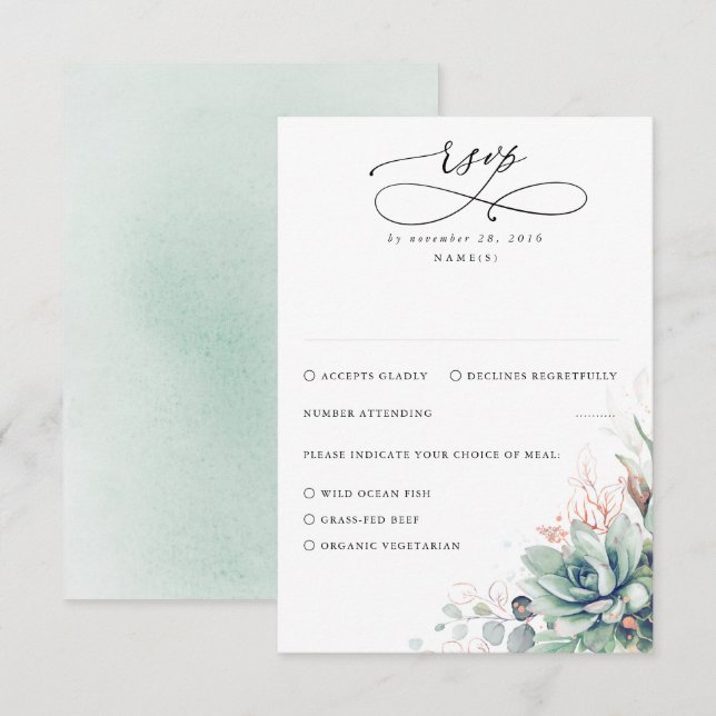 Succulents Greenery and Rose Gold Wedding RSVP Card (Front/Back)