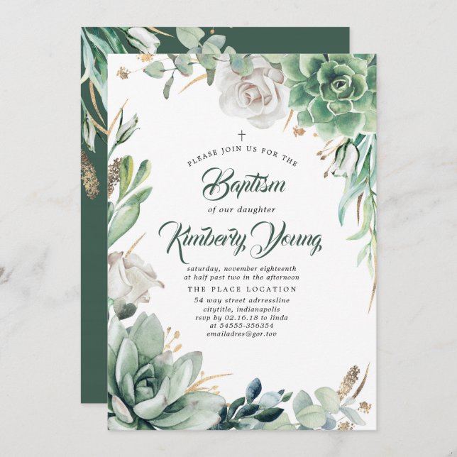 Succulents Greenery and White Rose Baptism Invitation (Front/Back)