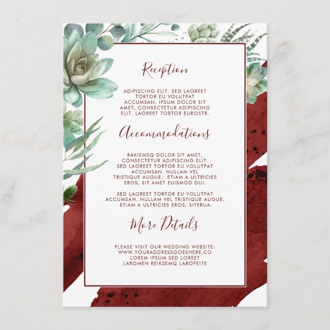 Succulents Greenery Burgundy Wedding Information Enclosure Card (Front)