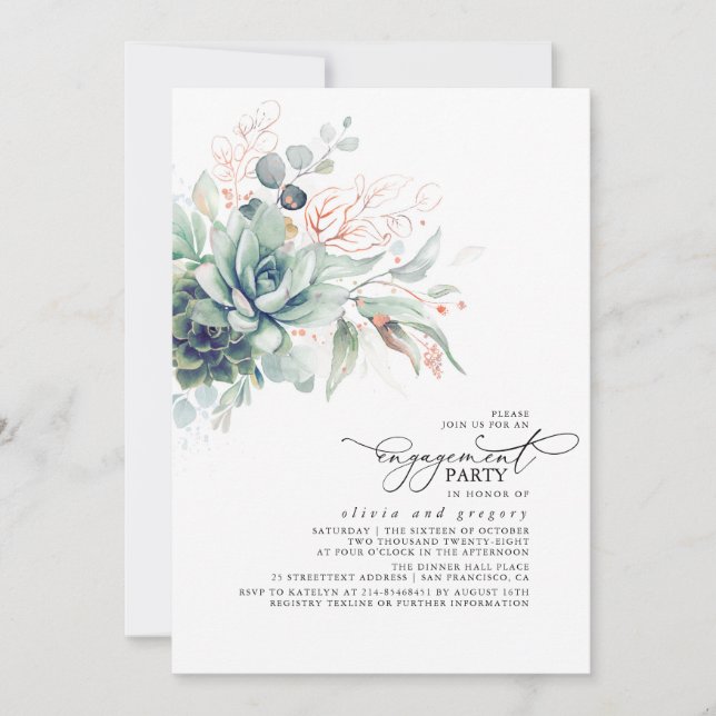 Succulents Greenery Chic Leaves Engagement Party Invitation (Front)