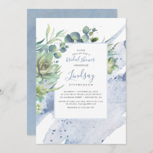Succulents Greenery Dusty Blue Bridal Shower Invitation