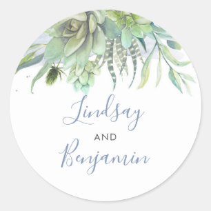 Succulents Greenery Dusty Blue Wedding Classic Round Sticker