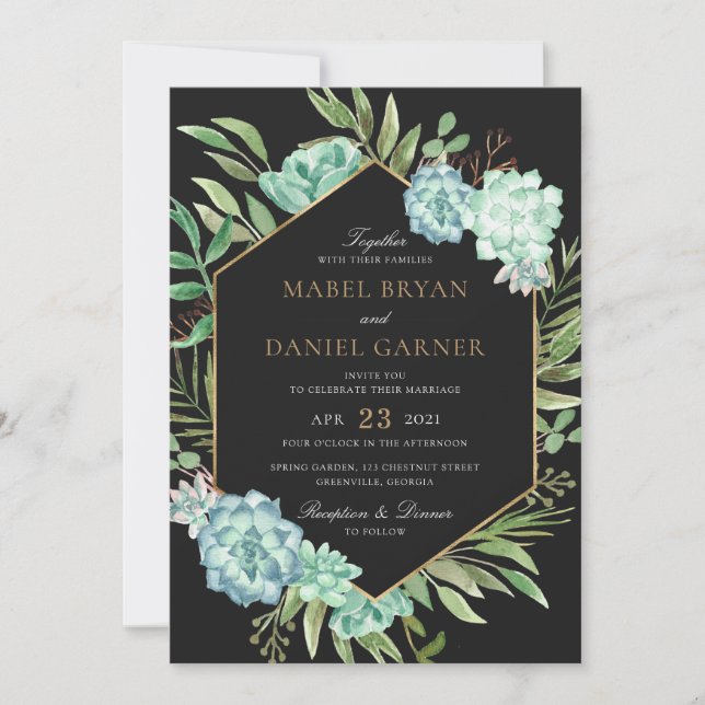 Succulents Greenery Geometric Gold Frame Wedding Invitation (Front)