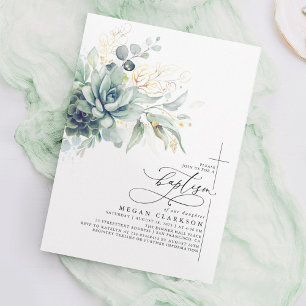 Succulents Greenery Gold Leaves Elegant Baptism Invitation