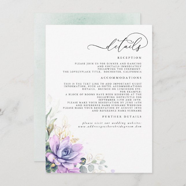 Succulents Greenery Gold Leaves Wedding Details En Enclosure Card (Front/Back)