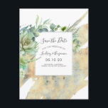 Succulents Greenery Gold Splatters Save the Date Announcement Postcard<br><div class="desc">Succulents greenery and gold wash save the date postcards</div>