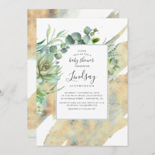 Succulents Greenery Gold Watercolors Baby Shower Invitation