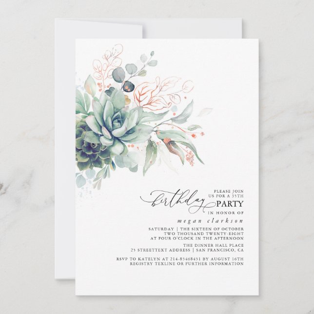 Succulents Greenery Rose Gold Leaves Boho Birthday Invitation (Front)