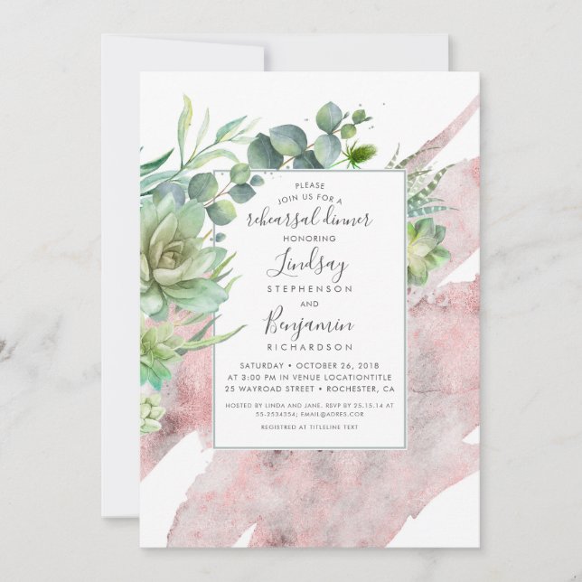 Succulents Greenery Rose Gold Rehearsal Dinner Invitation (Front)