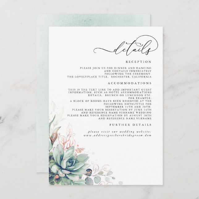 Succulents Greenery Rose Gold Wedding Details Enclosure Card (Front/Back)