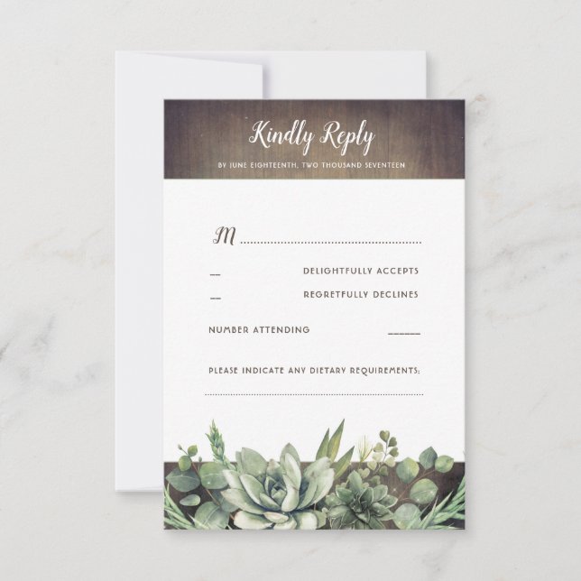 Succulents Greenery Rustic Country Wedding RSVP Card (Front)