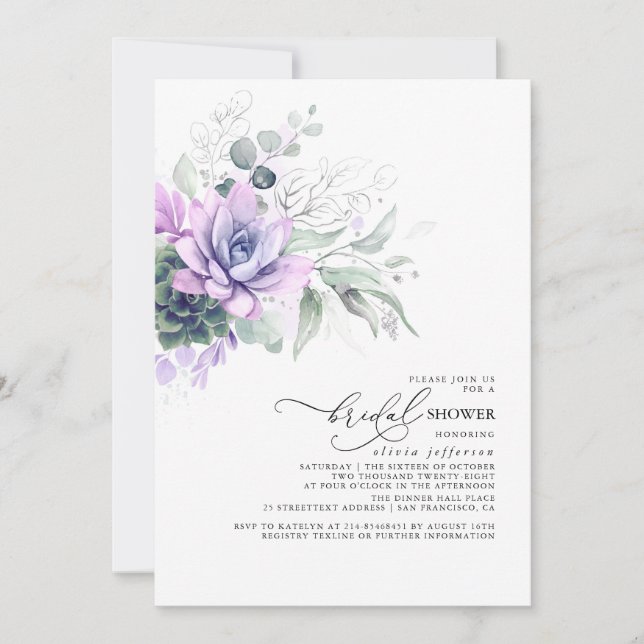 Succulents Greenery Silver Boho Bridal Shower Invitation (Front)