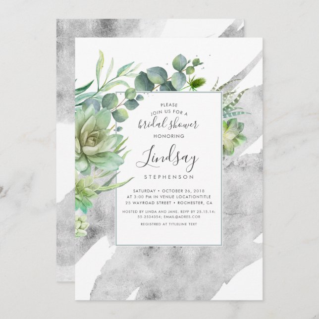 Succulents Greenery Silver Foil Bridal Shower Invitation (Front/Back)