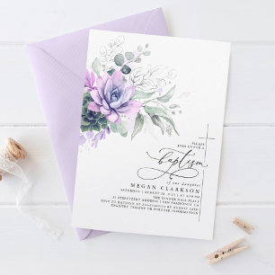 Succulents Greenery Silver Leaves Elegant Baptism Invitation