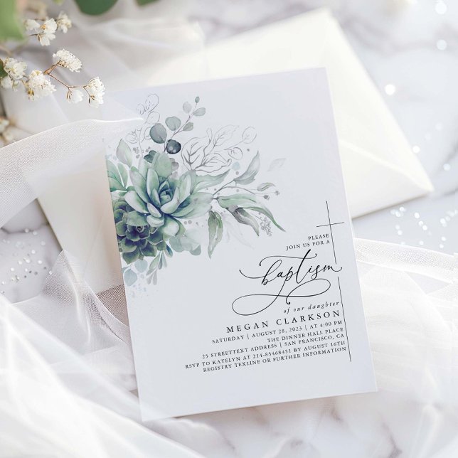 Succulents Greenery Silver Leaves Elegant Baptism Invitation (Silver Greenery Baptism Invitation)
