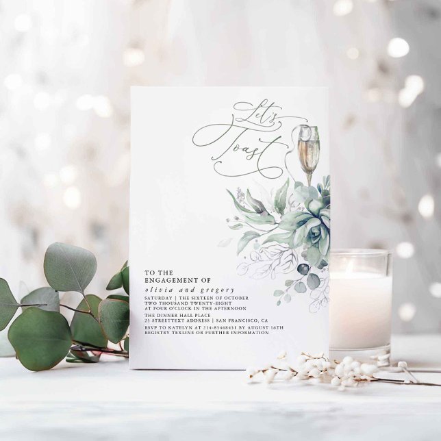 Succulents Greenery Silver Leaves Engagement Party Invitation (Silver Greenery Let's Toast Engagement Party Invitations)