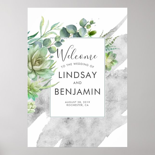 Succulents Greenery Silver Watercolors Wedding Poster (Front)
