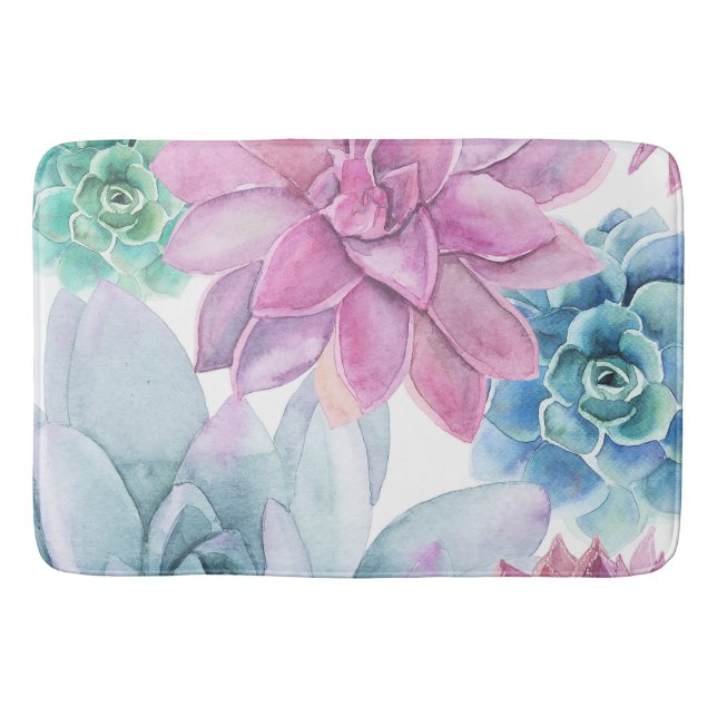 Succulents Modern Chic Fiesta Garden Floral White Bath Mat (Front)