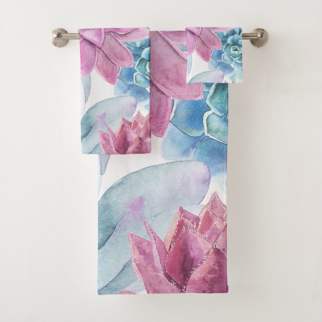 Succulents Modern Chic Fiesta Garden Floral White Bath Towel Set (Insitu)