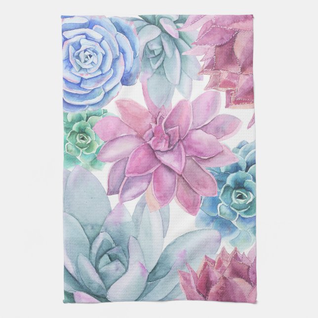 Succulents Modern Chic Fiesta Garden Floral White Tea Towel (Vertical)