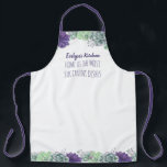 Succulents - Name's Kitchen and Custom Tagline Apron<br><div class="desc">Watercolor succulents in purple and green decorate this personalized apron, with attractive borders at the top and bottom and coordinating ties. The template is set up for you to edit as much of the text as you wish. The funny sample wording, which you are welcome to keep, reads "[your name]'s...</div>