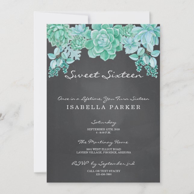 Succulents on Chalkboard Sweet Sixteen Party Invitation (Front)