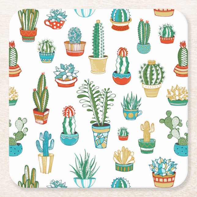 Succulents Pattern Square Paper Coaster (Front)
