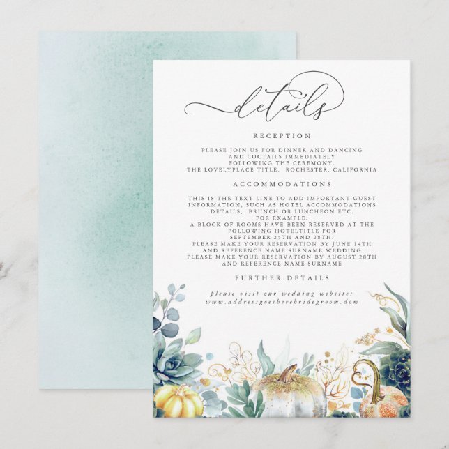 Succulents Pumpkins Gold Leaves Wedding Details En Enclosure Card (Front/Back)