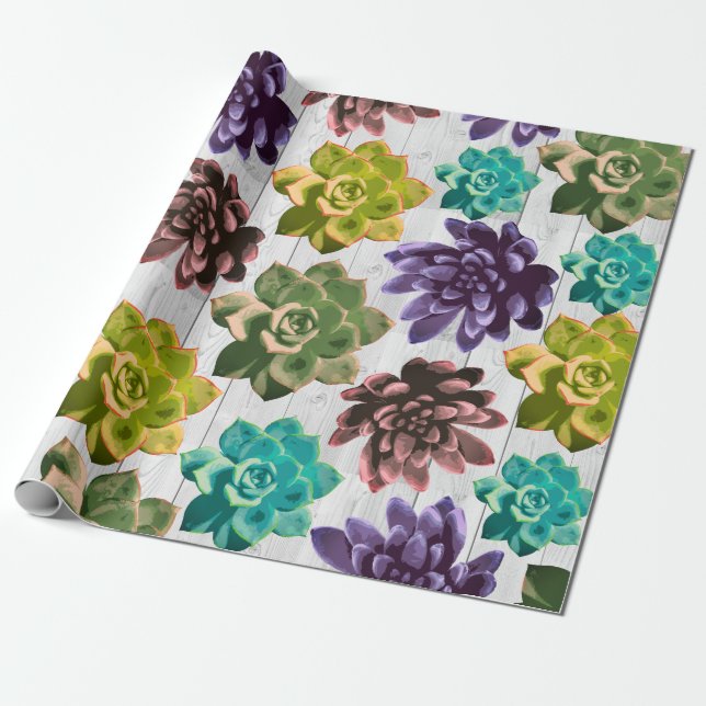 Succulents & Rustic White Wood Planks Wrapping Paper (Unrolled)