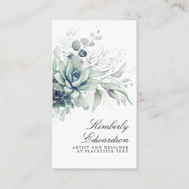 Succulents Silver Greenery Elegant Boho Foliage Business Card (Front)