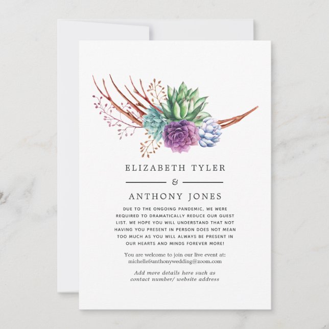 Succulents Virtual Wedding Reduced Guest List Announcement (Front)