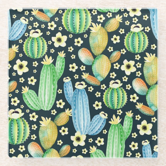 Succulents Watercolor Cactus Floral Pattern Glass Coaster (Front)