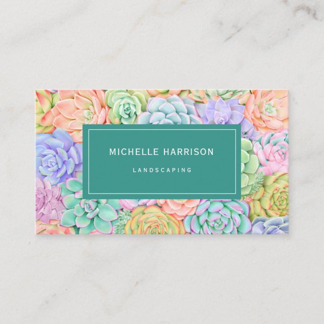 Succulents Watercolor Colourful Pastel Gardening Business Card (Front)