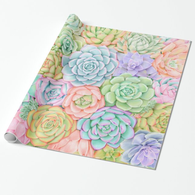 Succulents Watercolor Colourful Pastel Joyful Wrapping Paper (Unrolled)