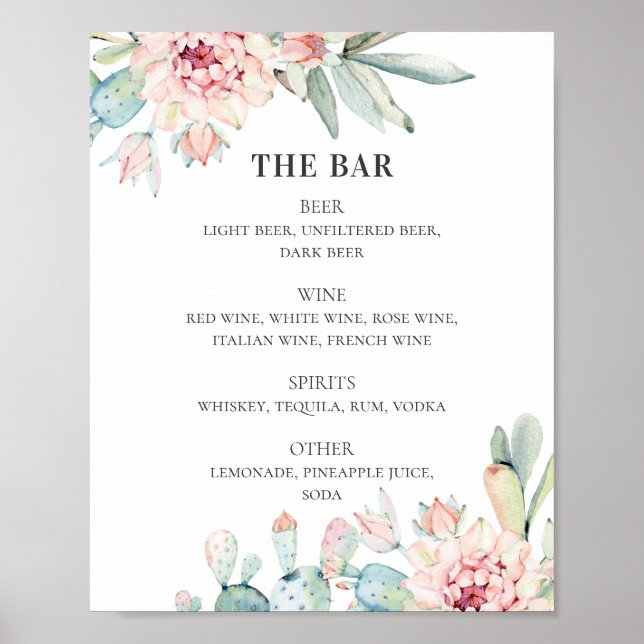 Succulents wedding. Cactus alcohol drinks bar Poster (Front)