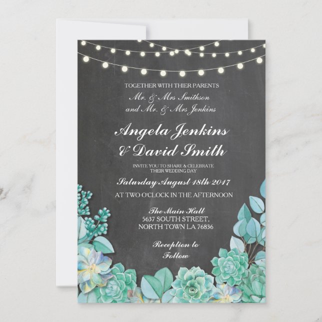 Succulents Wedding Rustic Chalk Lights Teal Invite (Front)