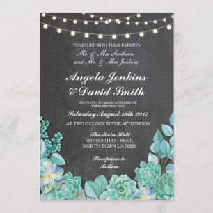 Succulents Wedding Rustic Chalk Lights Teal Invite