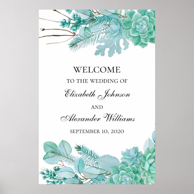 Succulents welcome sign. Mint wedding floral Poster (Front)